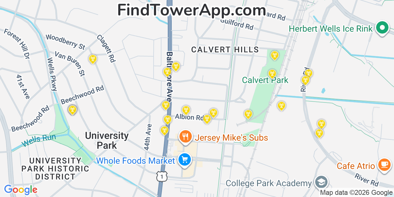 Map showing the 20 primary cell tower locations detected in College Park, Maryland from AT&T, Verizon, and T-Mobile networks