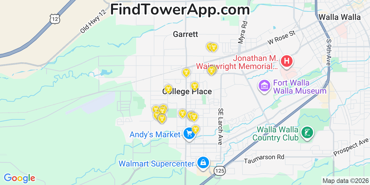 Map showing the 20 primary cell tower locations detected in College Place, Washington from AT&T, Verizon, and T-Mobile networks