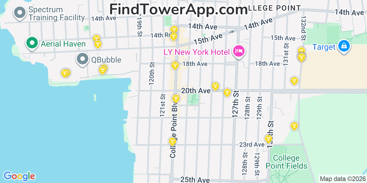 Map showing the 20 primary cell tower locations detected in College Point, New York from AT&T, Verizon, and T-Mobile networks