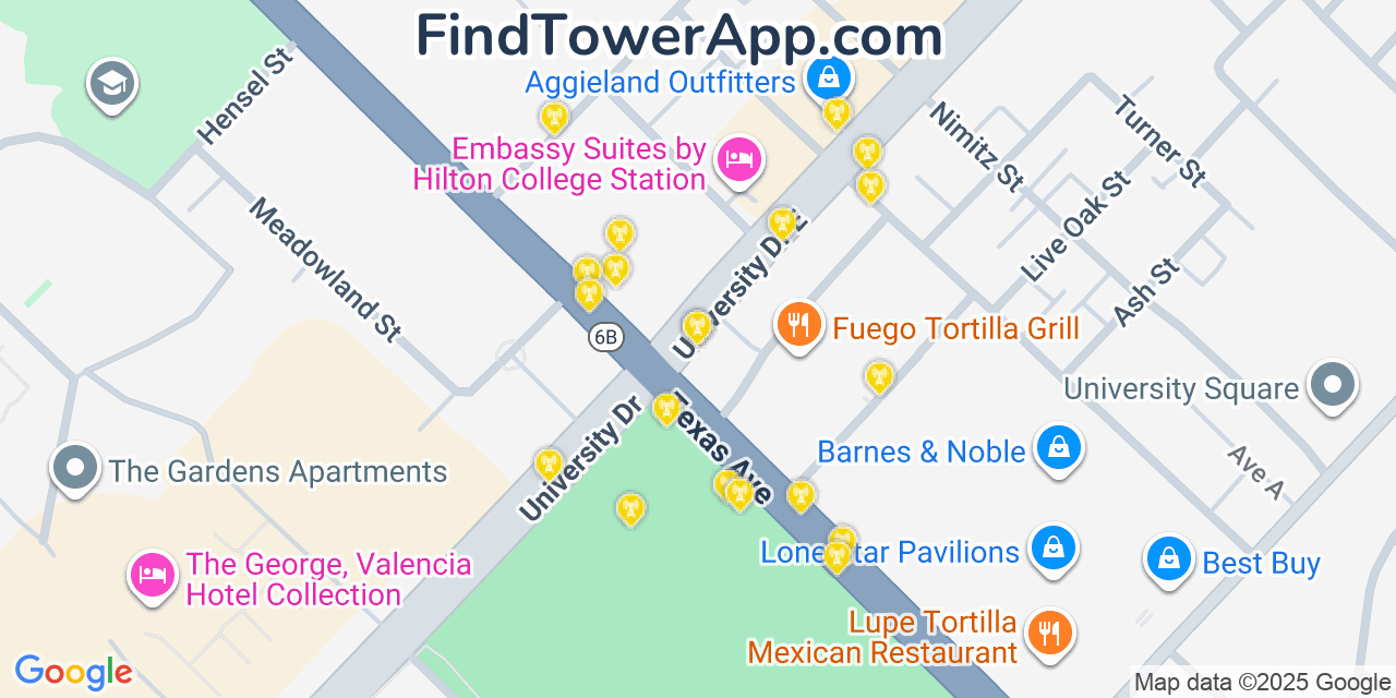 Map showing the 20 primary cell tower locations detected in College Station, Texas from AT&T, Verizon, and T-Mobile networks