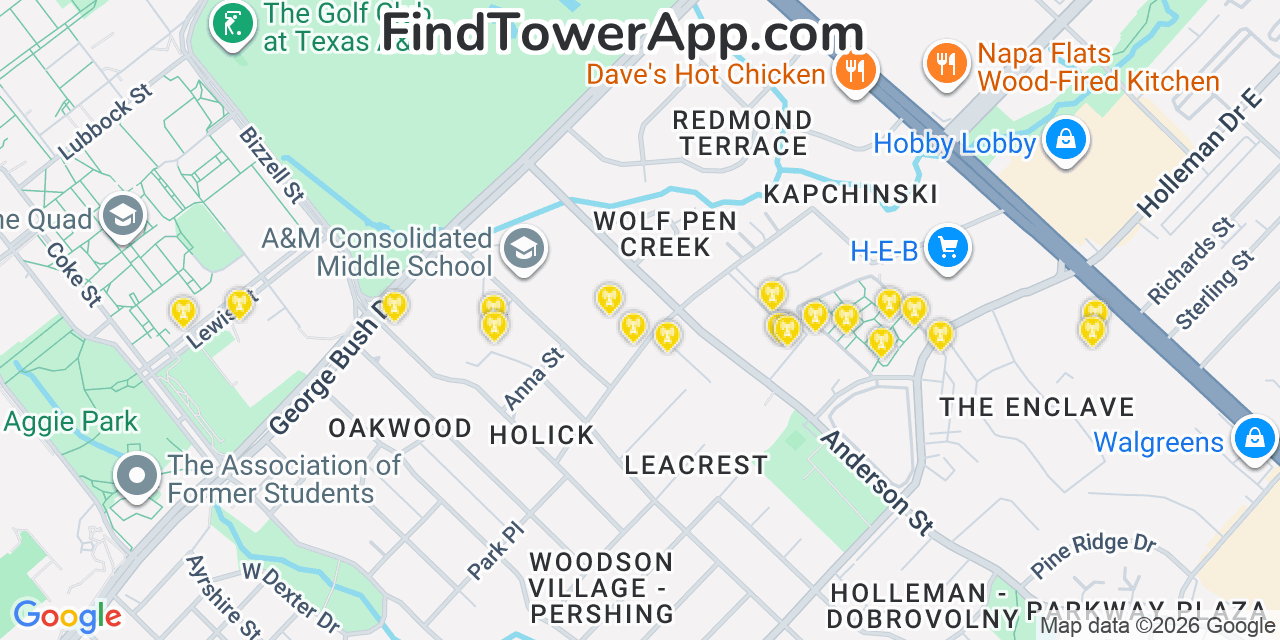 Map showing the 20 primary cell tower locations detected in College Station, Texas from AT&T, Verizon, and T-Mobile networks