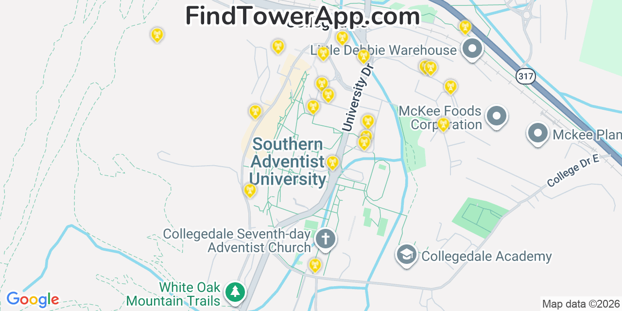 Map showing the 20 primary cell tower locations detected in Collegedale, Tennessee from AT&T, Verizon, and T-Mobile networks
