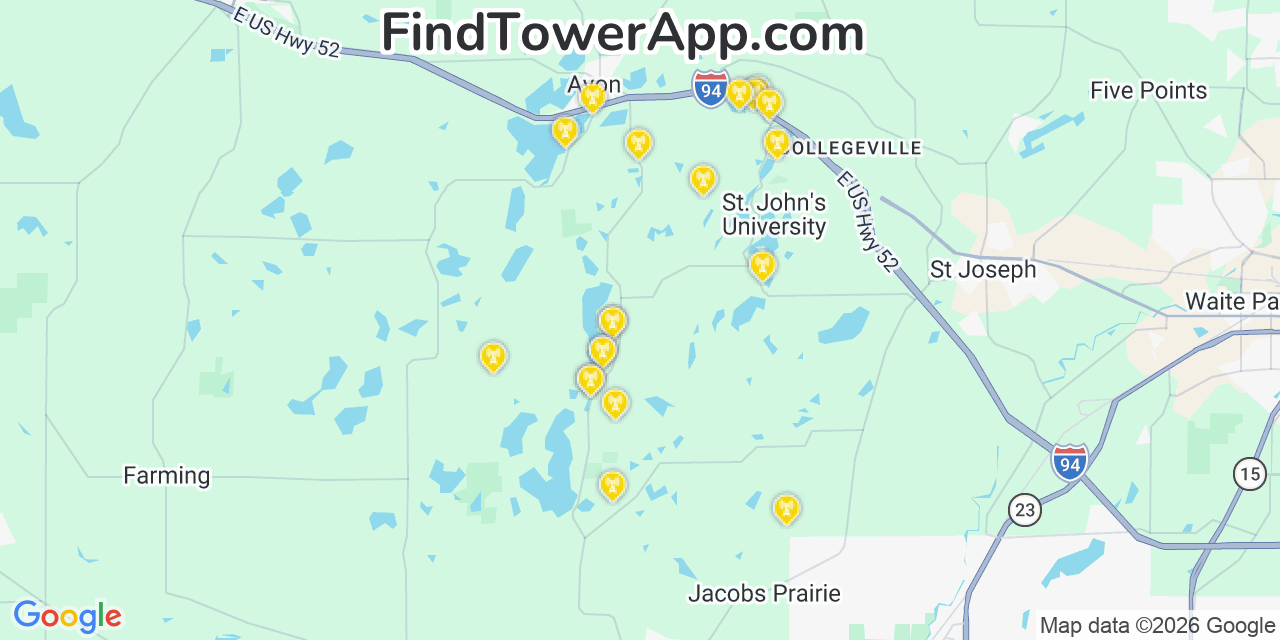 Map showing the 20 primary cell tower locations detected in Collegeville, Minnesota from AT&T, Verizon, and T-Mobile networks