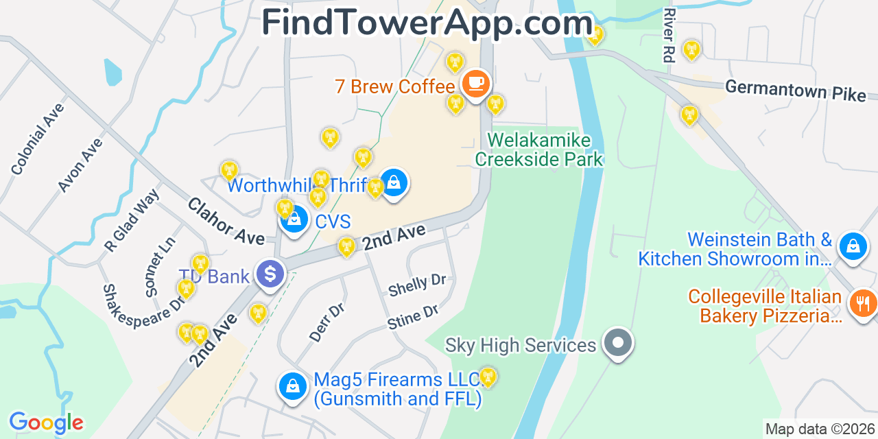 Map showing the 20 primary cell tower locations detected in Collegeville, Pennsylvania from AT&T, Verizon, and T-Mobile networks