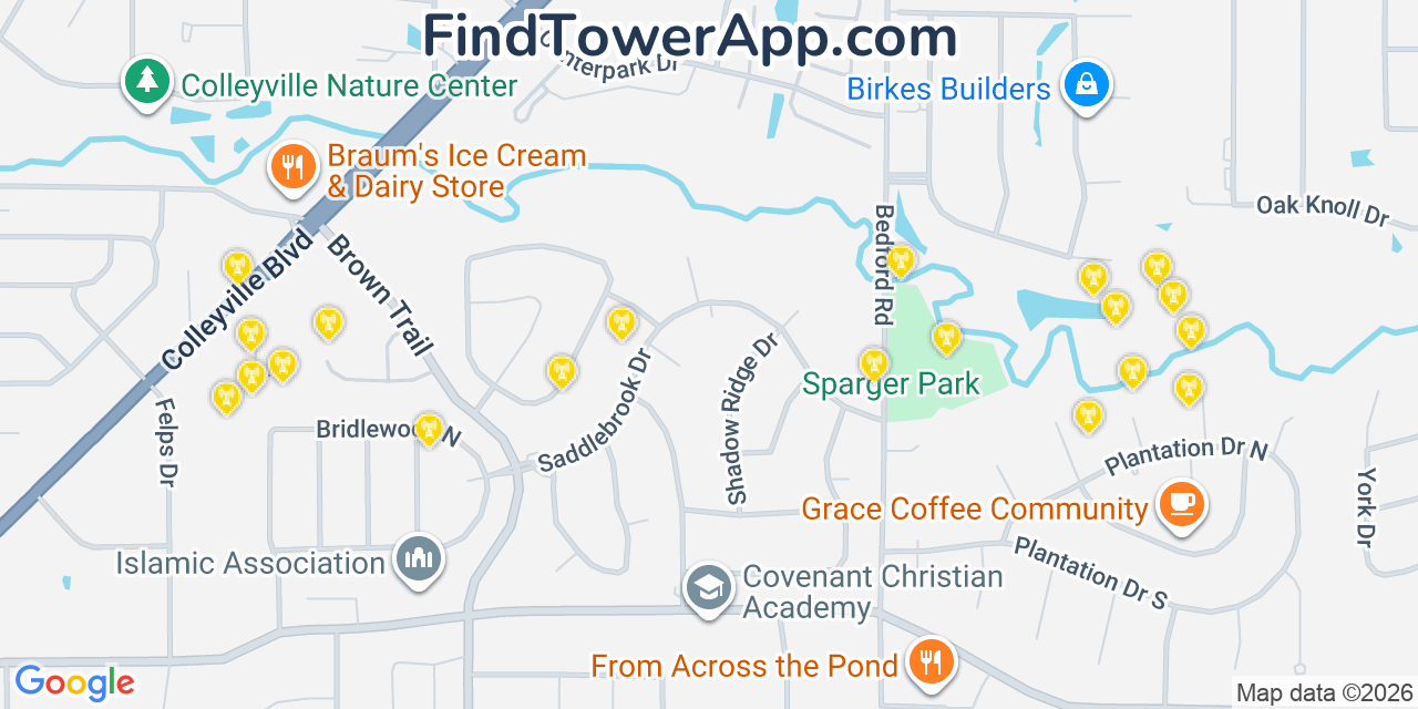 Map showing the 20 primary cell tower locations detected in Colleyville, Texas from AT&T, Verizon, and T-Mobile networks