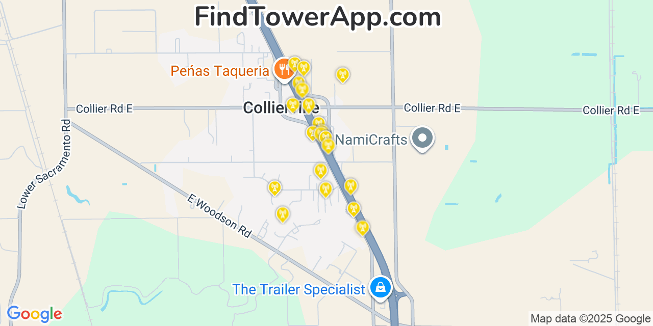 Map showing the 20 primary cell tower locations detected in Collierville, California from AT&T, Verizon, and T-Mobile networks