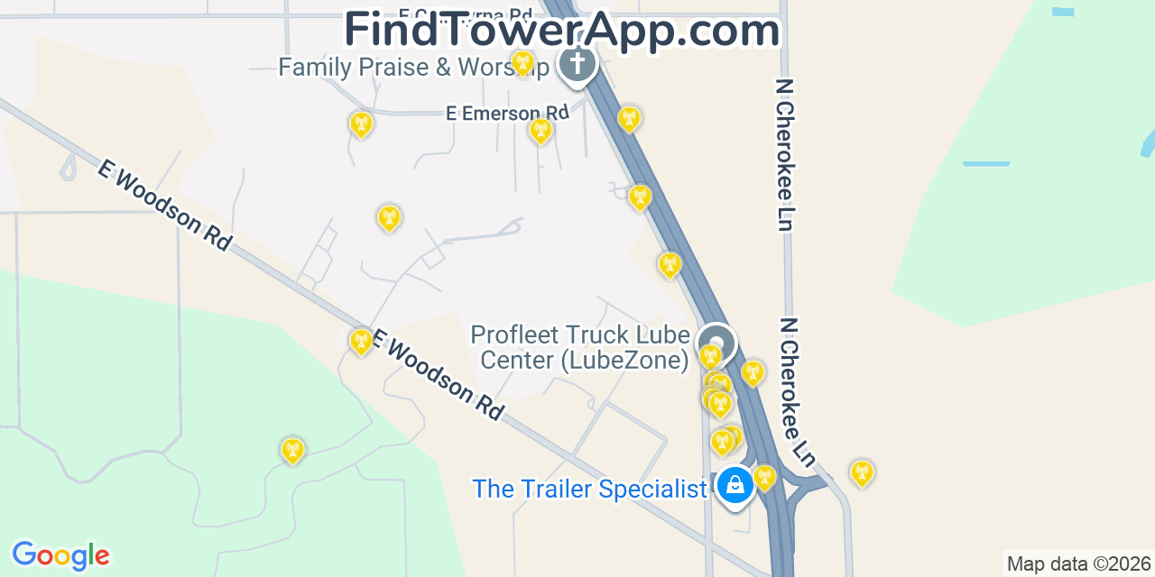 Map showing the 20 primary cell tower locations detected in Collierville, California from AT&T, Verizon, and T-Mobile networks