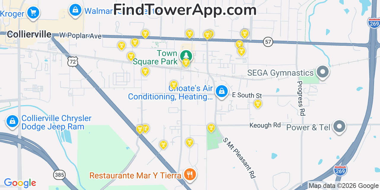 Map showing the 20 primary cell tower locations detected in Collierville, Tennessee from AT&T, Verizon, and T-Mobile networks