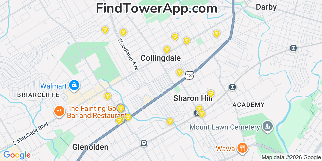 Map showing the 20 primary cell tower locations detected in Collingdale, Pennsylvania from AT&T, Verizon, and T-Mobile networks