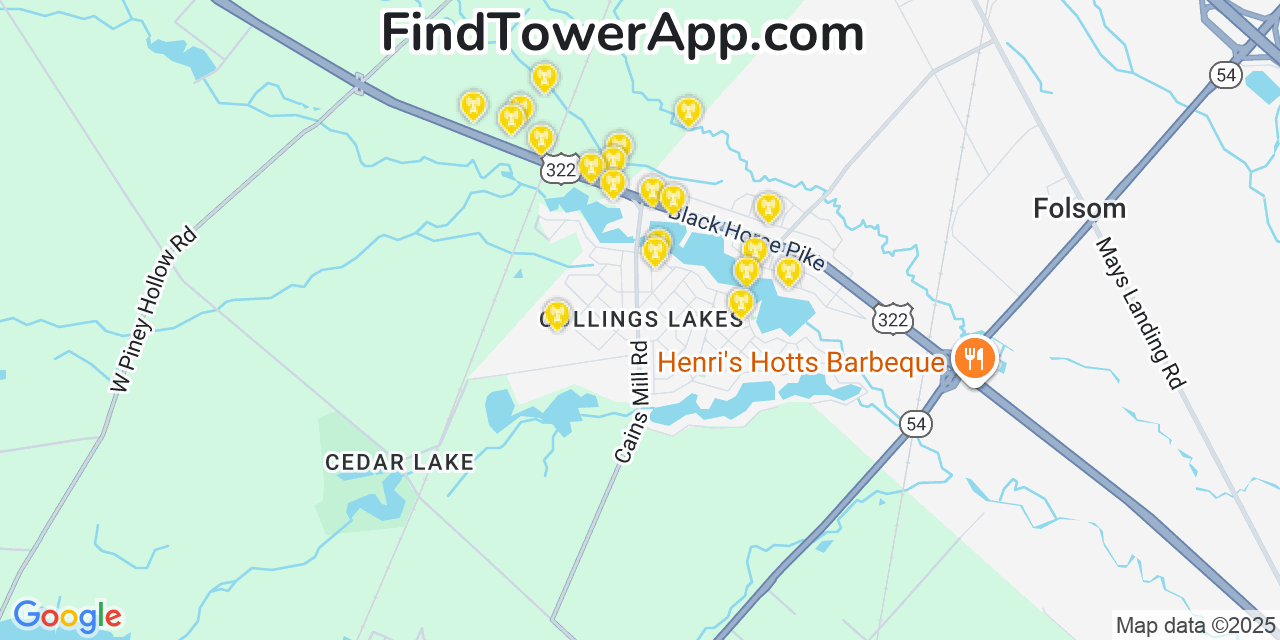 Map showing the 20 primary cell tower locations detected in Collings Lakes, New Jersey from AT&T, Verizon, and T-Mobile networks