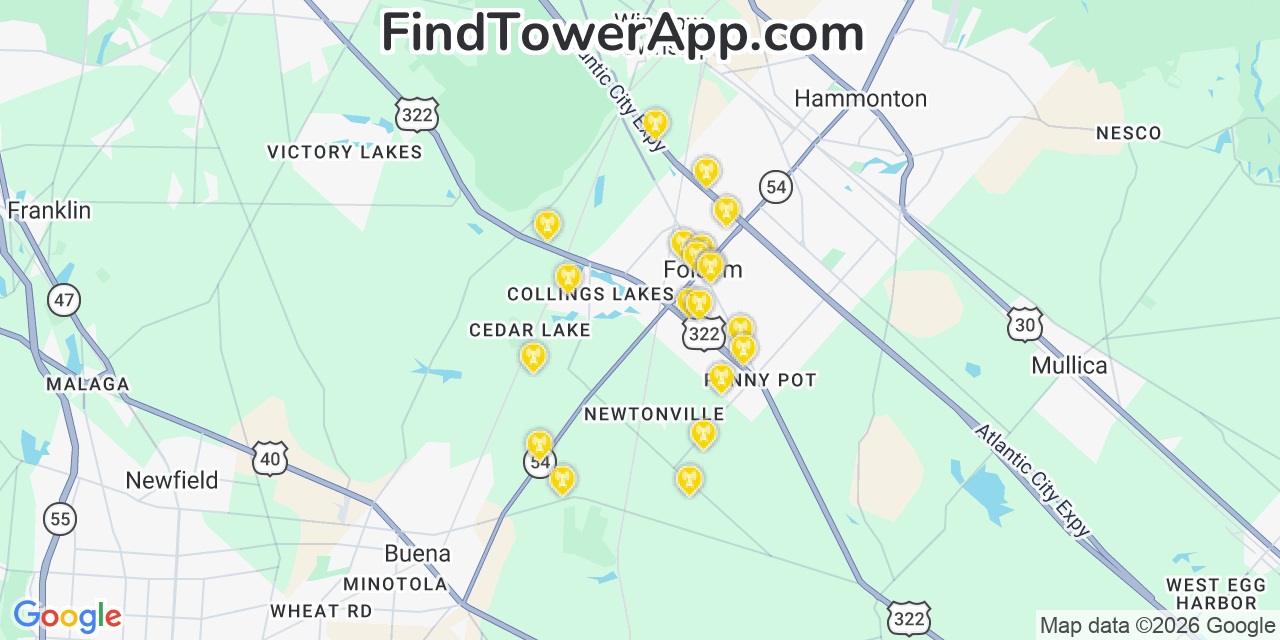 Map showing the 20 primary cell tower locations detected in Collings Lakes, New Jersey from AT&T, Verizon, and T-Mobile networks