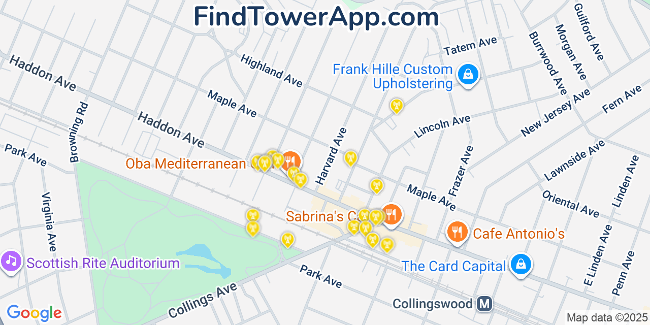 Map showing the 20 primary cell tower locations detected in Collingswood, New Jersey from AT&T, Verizon, and T-Mobile networks