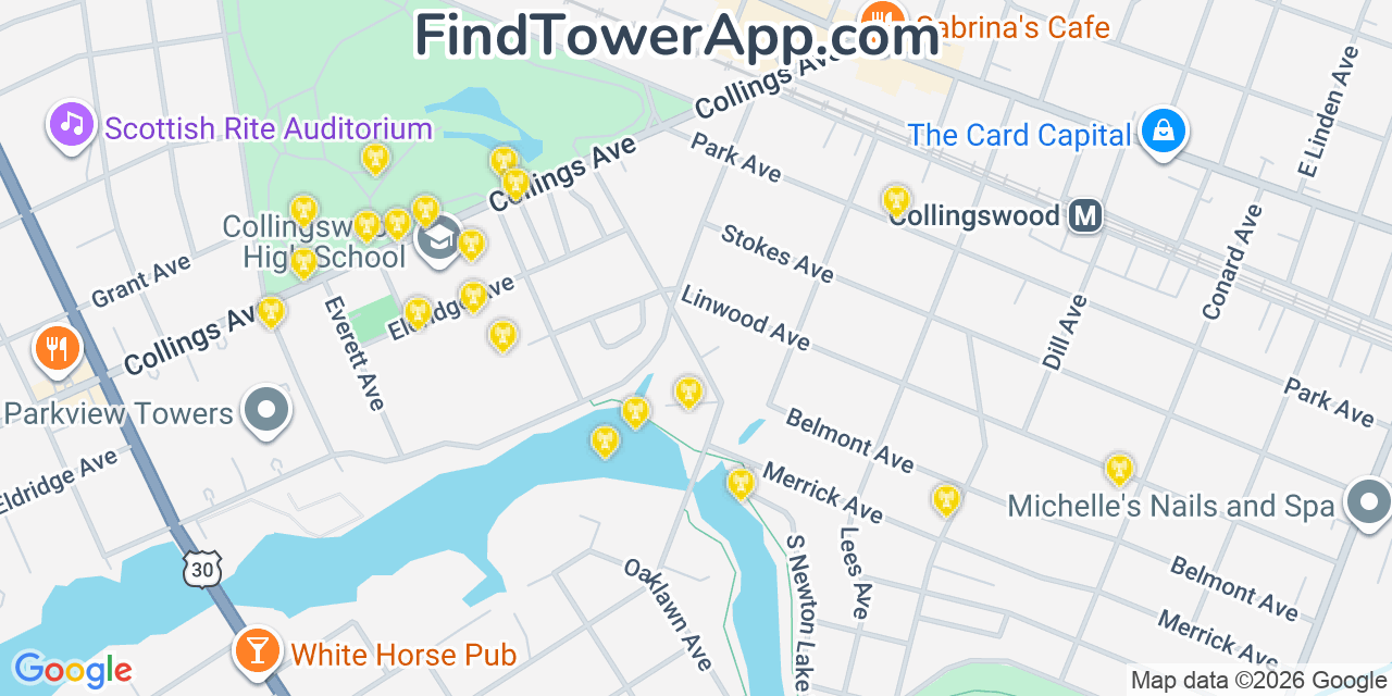 Map showing the 20 primary cell tower locations detected in Collingswood, New Jersey from AT&T, Verizon, and T-Mobile networks
