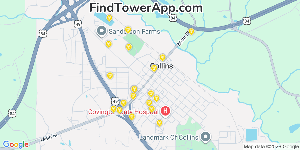 Map showing the 20 primary cell tower locations detected in Collins, Mississippi from AT&T, Verizon, and T-Mobile networks