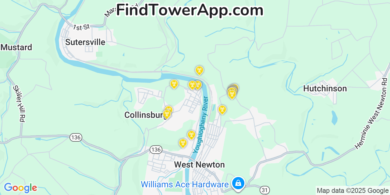 Map showing the 20 primary cell tower locations detected in Collinsburg, Pennsylvania from AT&T, Verizon, and T-Mobile networks