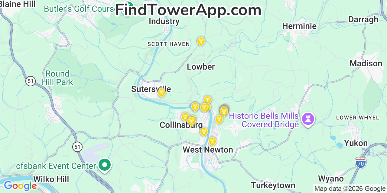 Map showing the 20 primary cell tower locations detected in Collinsburg, Pennsylvania from AT&T, Verizon, and T-Mobile networks