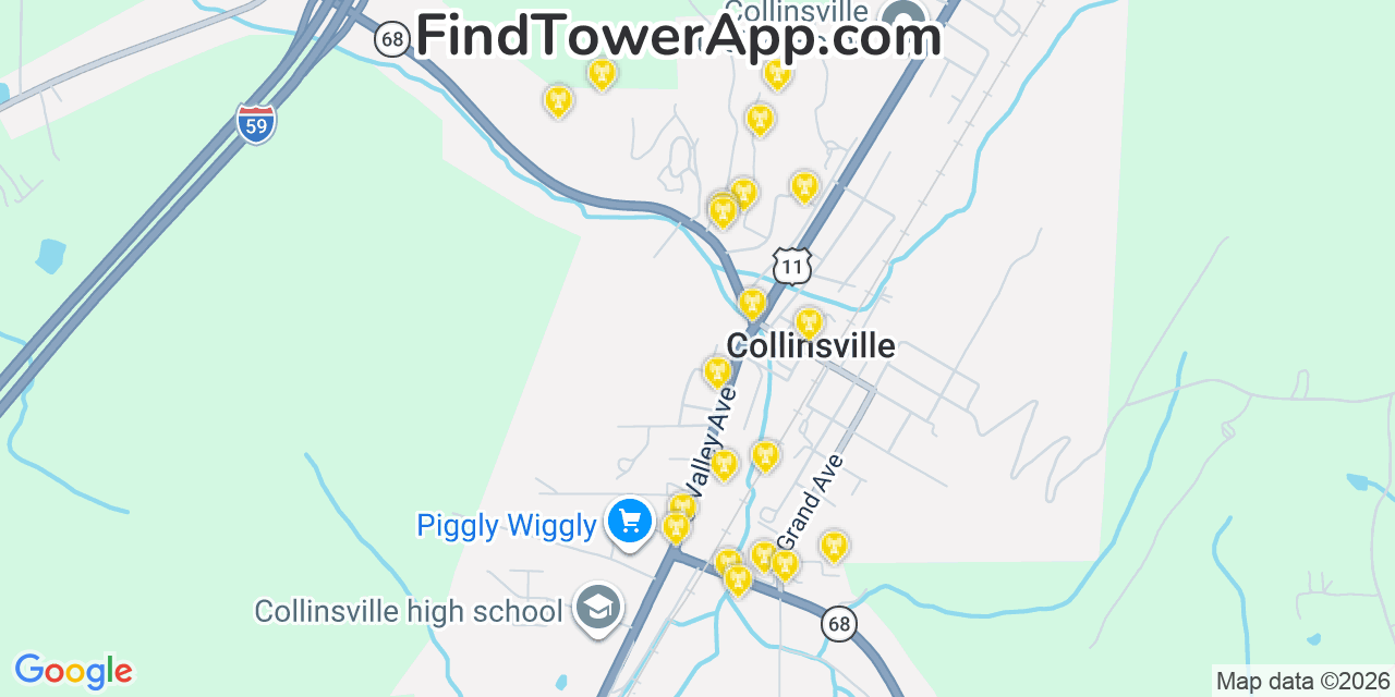 Map showing the 20 primary cell tower locations detected in Collinsville, Alabama from AT&T, Verizon, and T-Mobile networks