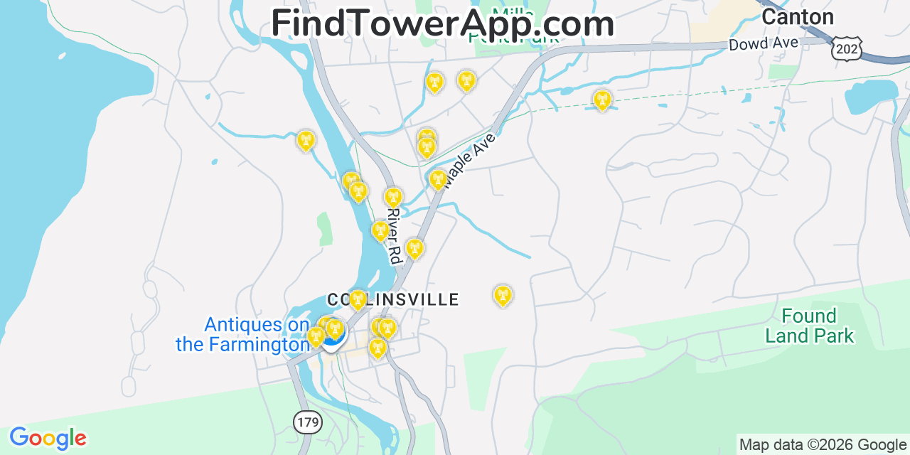 Map showing the 20 primary cell tower locations detected in Collinsville, Connecticut from AT&T, Verizon, and T-Mobile networks