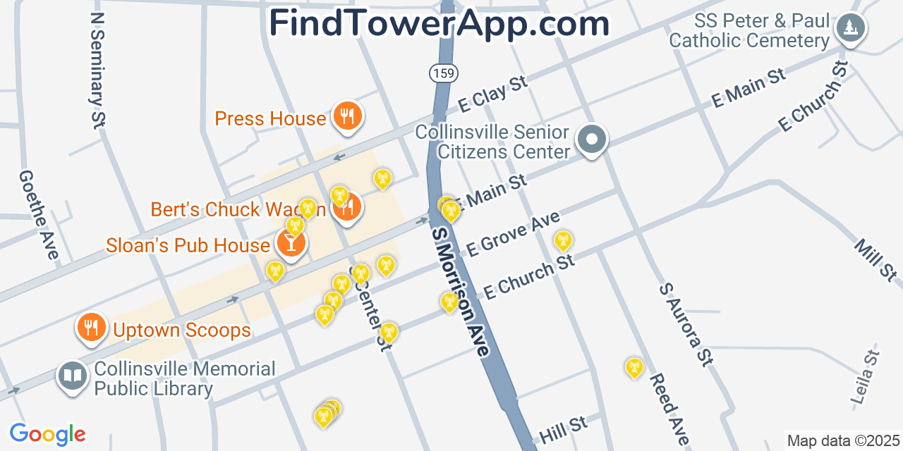 Map showing the 20 primary cell tower locations detected in Collinsville, Illinois from AT&T, Verizon, and T-Mobile networks
