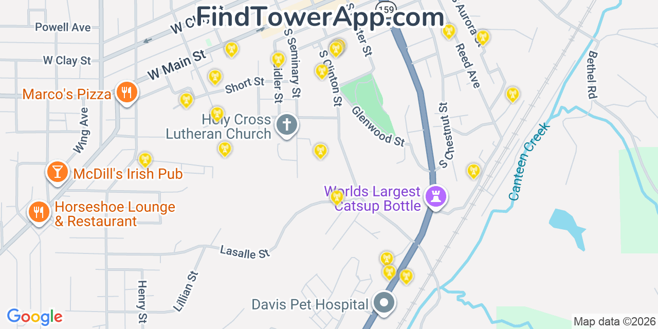 Map showing the 20 primary cell tower locations detected in Collinsville, Illinois from AT&T, Verizon, and T-Mobile networks