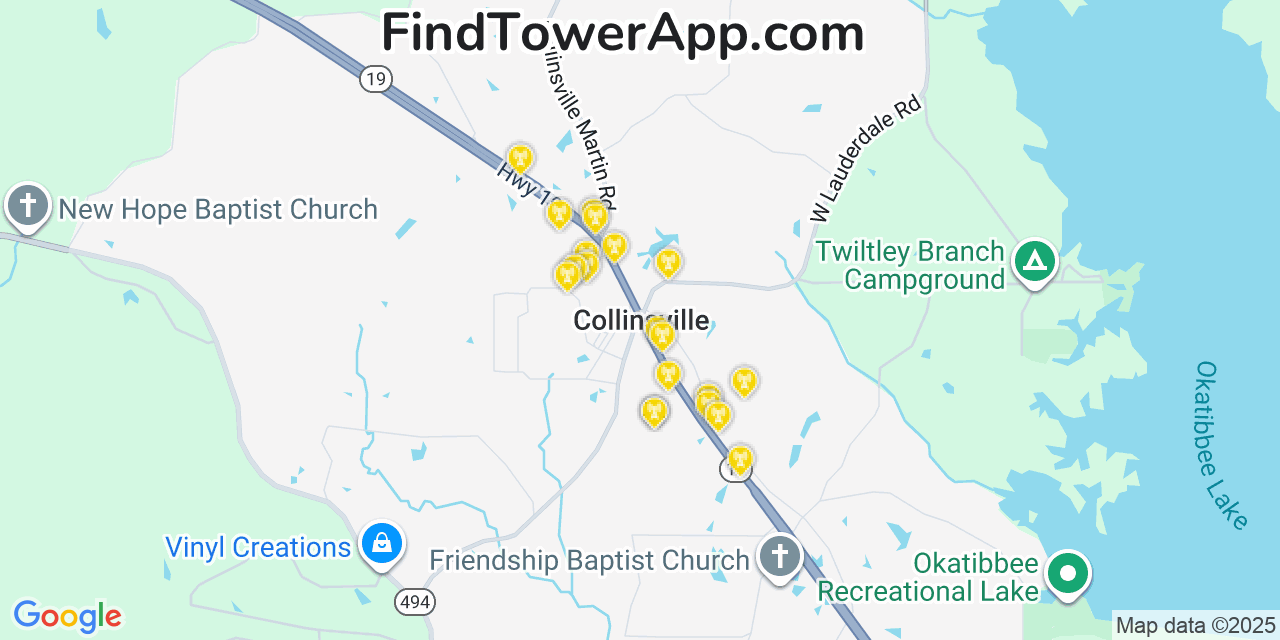 Map showing the 20 primary cell tower locations detected in Collinsville, Mississippi from AT&T, Verizon, and T-Mobile networks