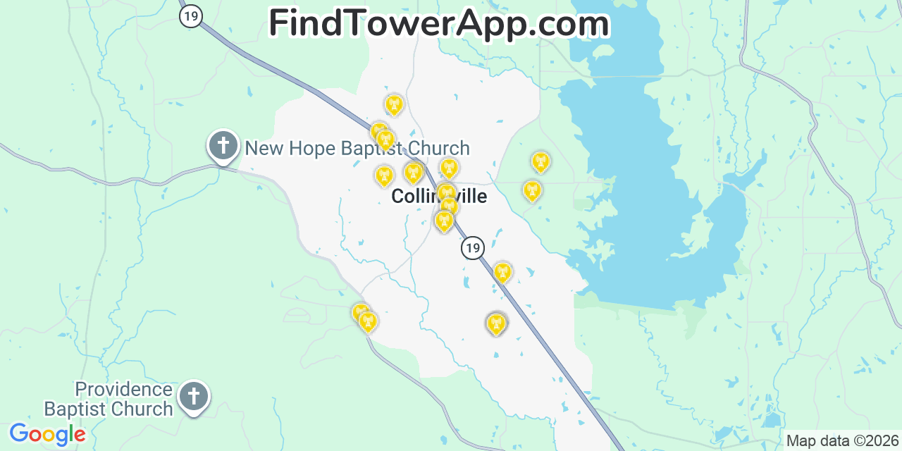 Map showing the 20 primary cell tower locations detected in Collinsville, Mississippi from AT&T, Verizon, and T-Mobile networks