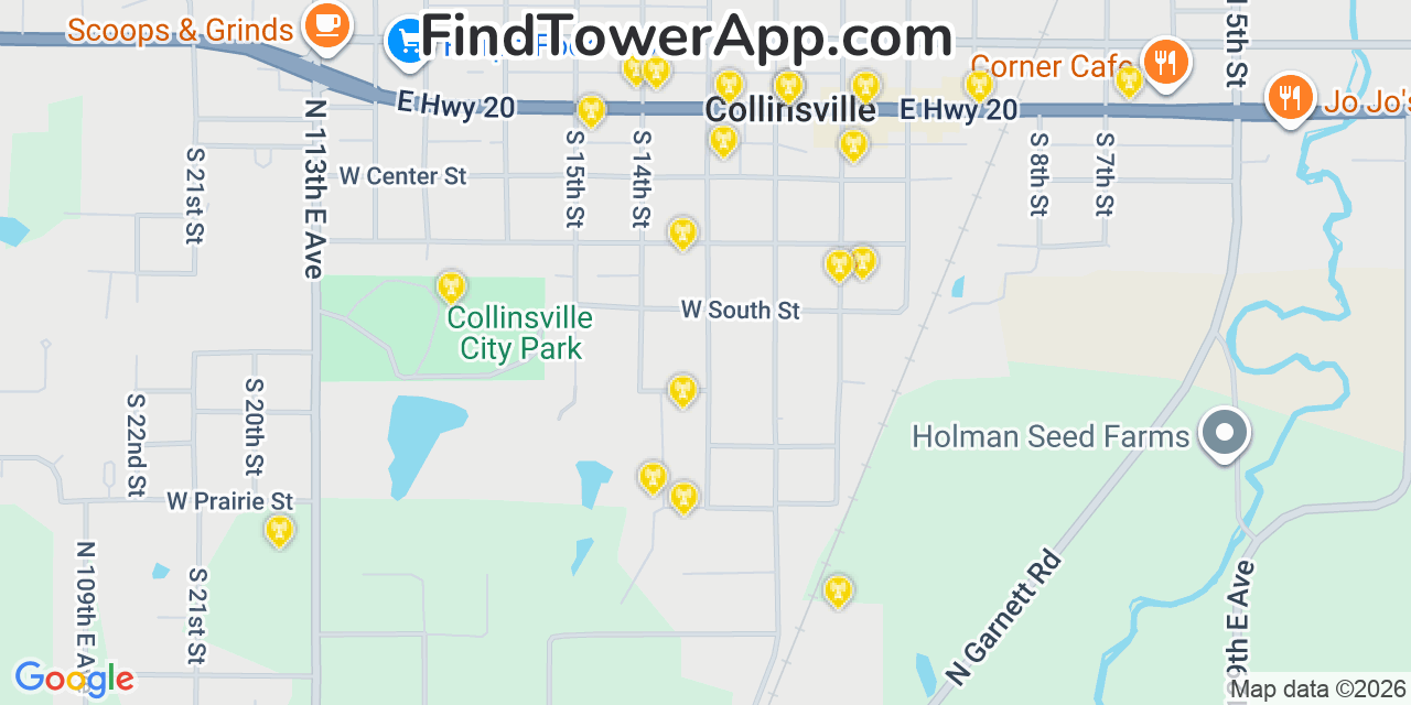 Map showing the 20 primary cell tower locations detected in Collinsville, Oklahoma from AT&T, Verizon, and T-Mobile networks