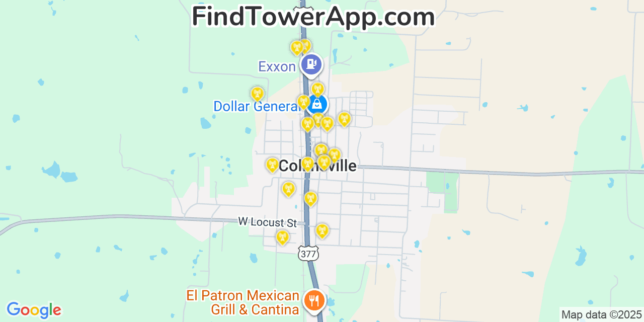 Map showing the 20 primary cell tower locations detected in Collinsville, Texas from AT&T, Verizon, and T-Mobile networks