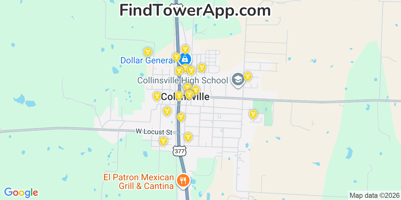 Map showing the 20 primary cell tower locations detected in Collinsville, Texas from AT&T, Verizon, and T-Mobile networks
