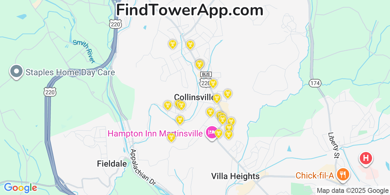 Map showing the 20 primary cell tower locations detected in Collinsville, Virginia from AT&T, Verizon, and T-Mobile networks