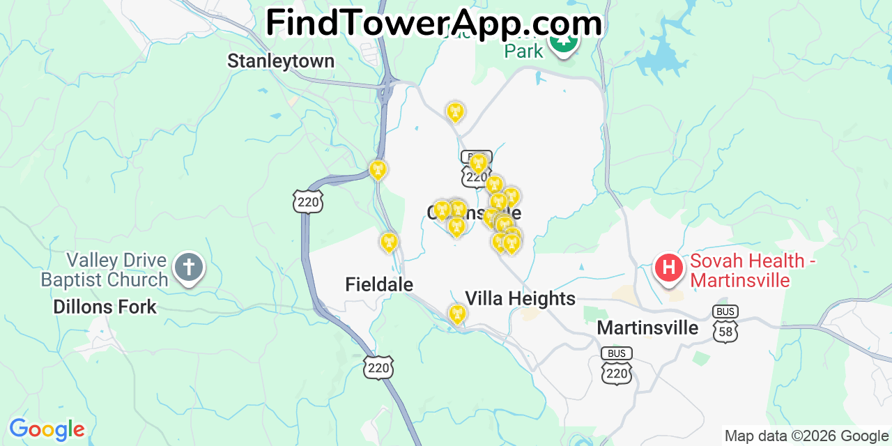 Map showing the 20 primary cell tower locations detected in Collinsville, Virginia from AT&T, Verizon, and T-Mobile networks