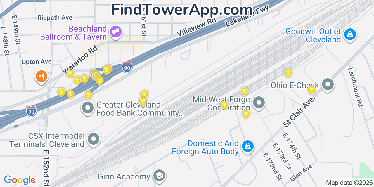 Map showing the 20 primary cell tower locations detected in Collinwood, Ohio from AT&T, Verizon, and T-Mobile networks