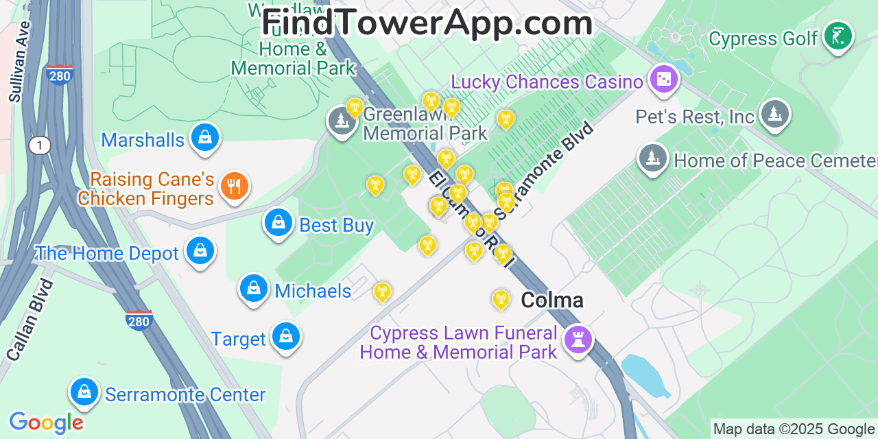 Map showing the 20 primary cell tower locations detected in Colma, California from AT&T, Verizon, and T-Mobile networks