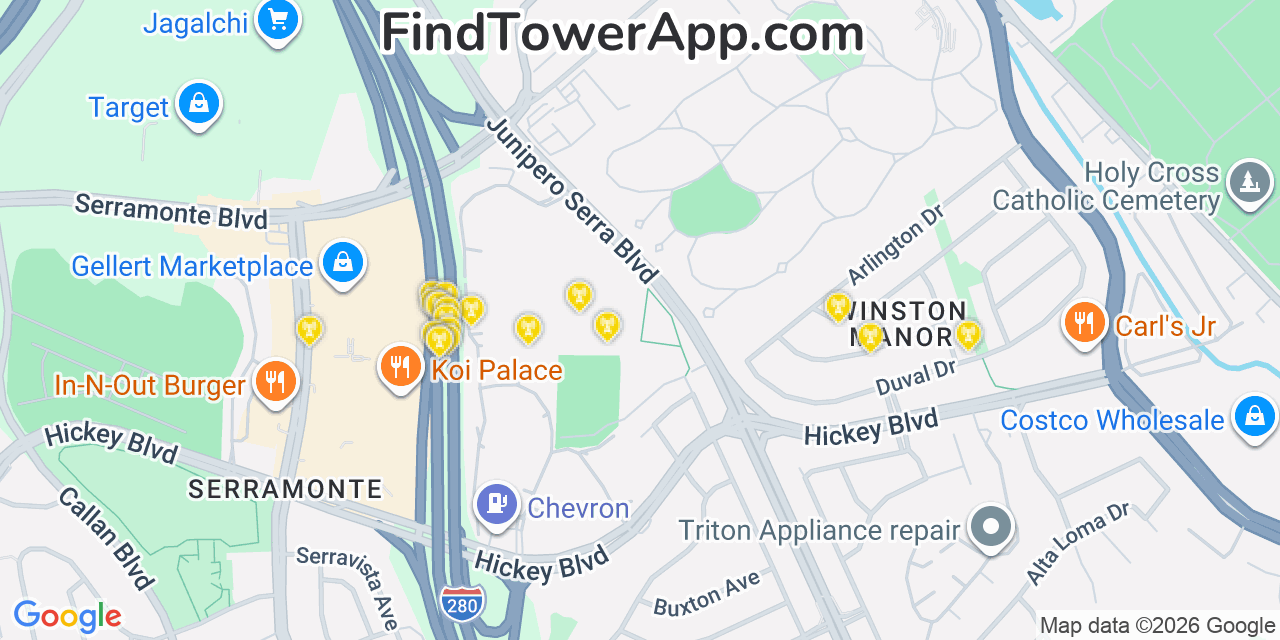 Map showing the 20 primary cell tower locations detected in Colma, California from AT&T, Verizon, and T-Mobile networks