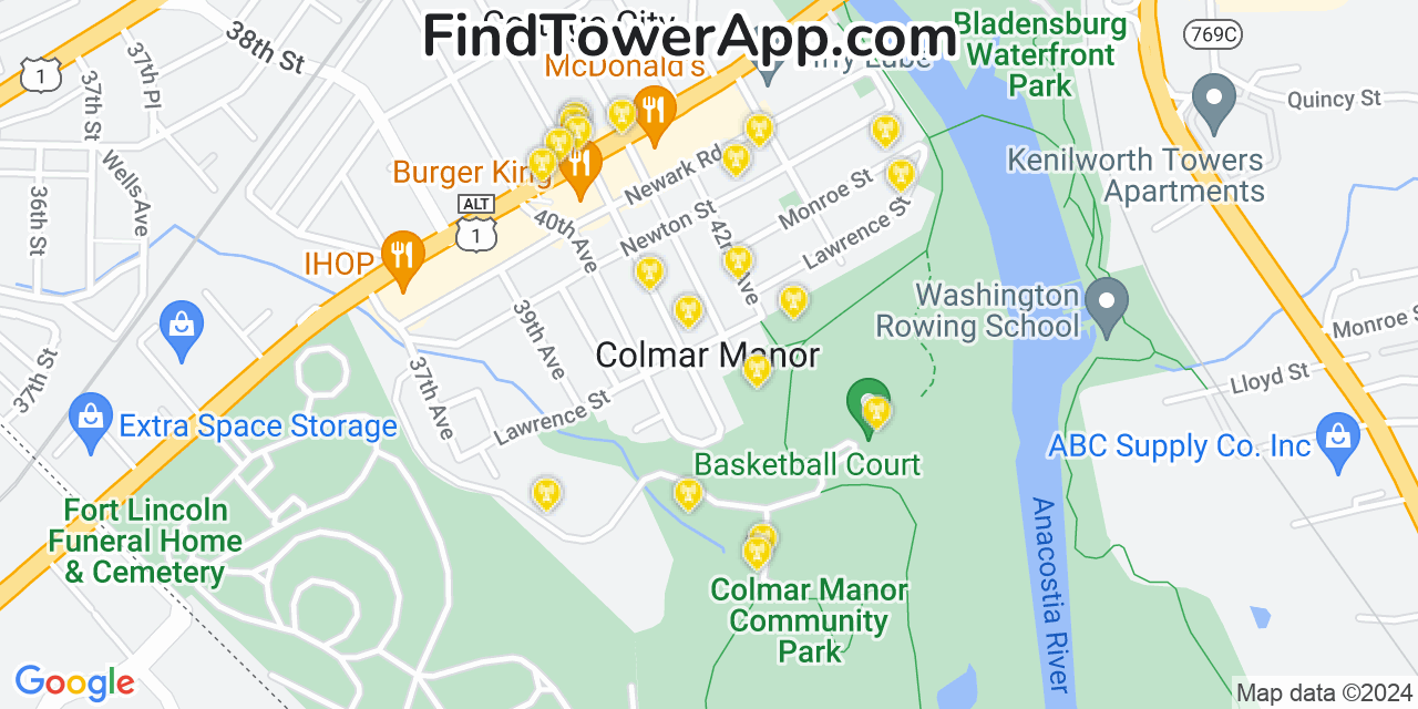 AT&T 4G/5G cell tower coverage map Colmar Manor, Maryland