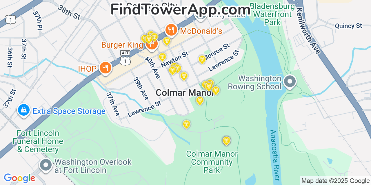 Map showing the 20 primary cell tower locations detected in Colmar Manor, Maryland from AT&T, Verizon, and T-Mobile networks