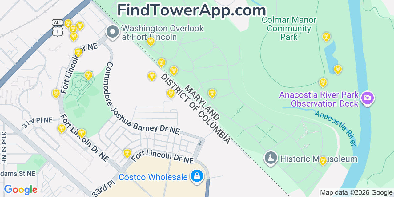 Map showing the 20 primary cell tower locations detected in Colmar Manor, Maryland from AT&T, Verizon, and T-Mobile networks