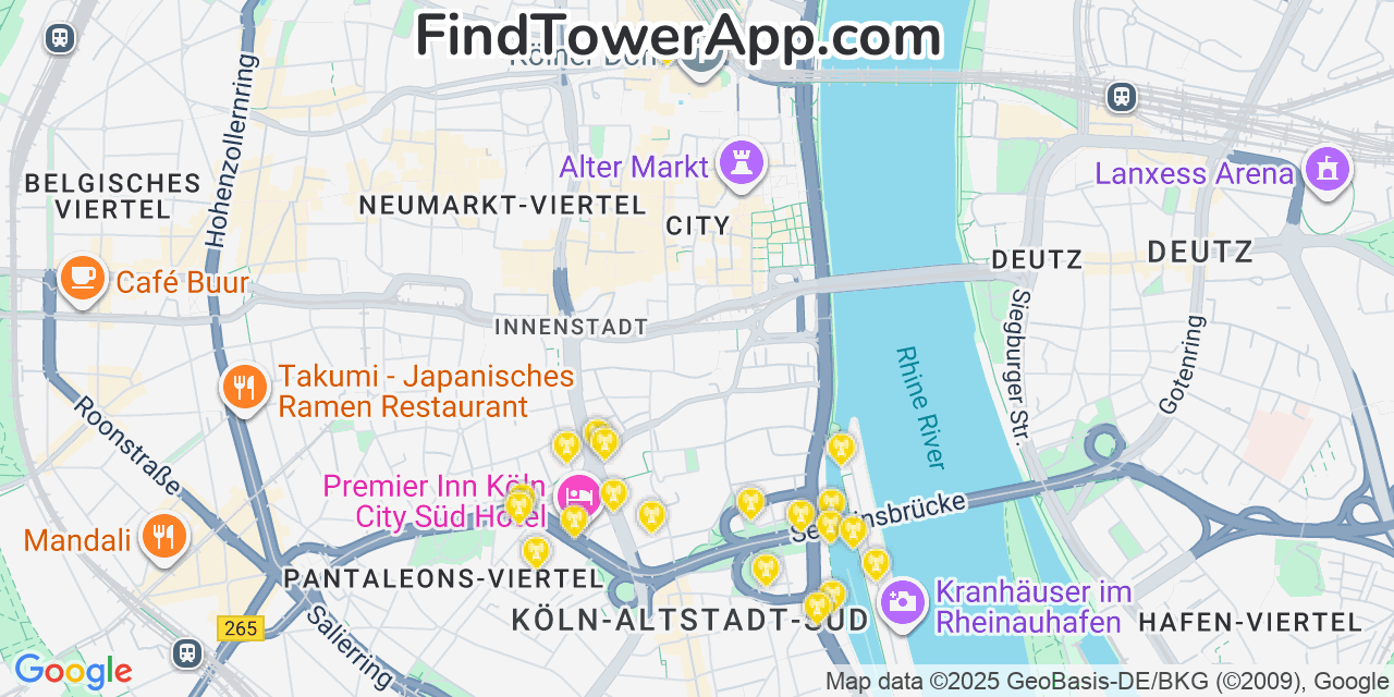 Map showing the 20 primary cell tower locations detected in Cologne, Germany with coverage areas and signal strength
