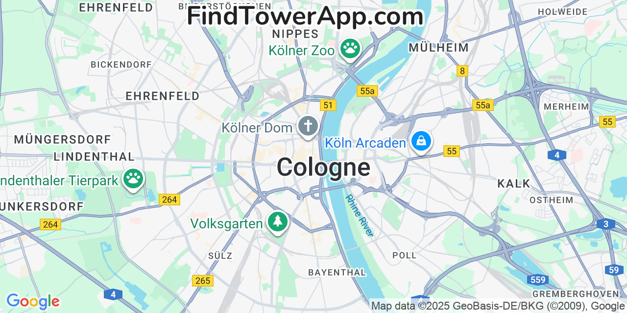 Map showing the 0 primary Vodafone cell tower locations detected in Cologne, Germany with coverage radius and signal strength indicators