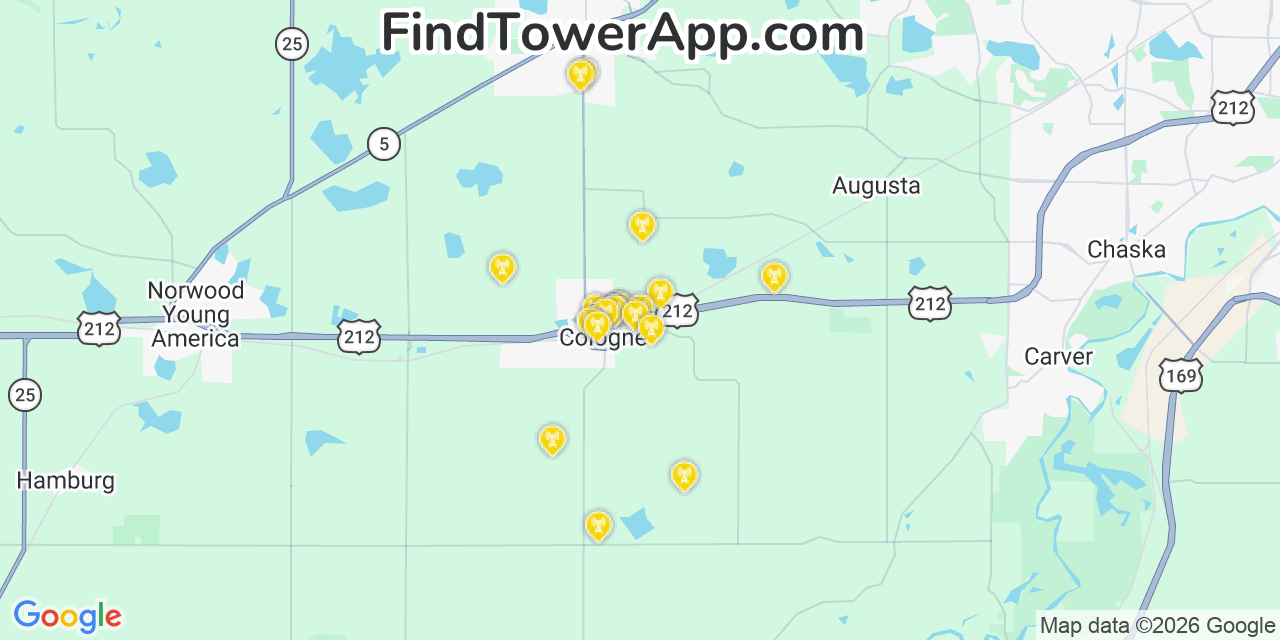 Map showing the 20 primary cell tower locations detected in Cologne, Minnesota from AT&T, Verizon, and T-Mobile networks