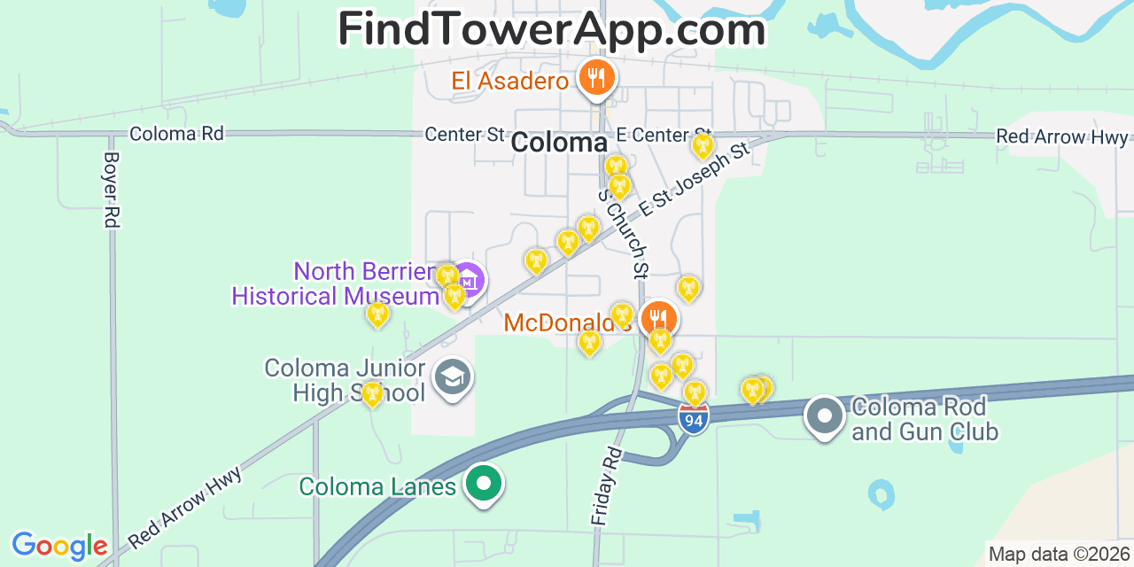 Map showing the 20 primary cell tower locations detected in Coloma, Michigan from AT&T, Verizon, and T-Mobile networks