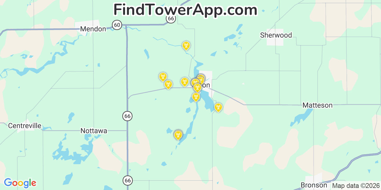 Map showing the 20 primary cell tower locations detected in Colon, Michigan from AT&T, Verizon, and T-Mobile networks
