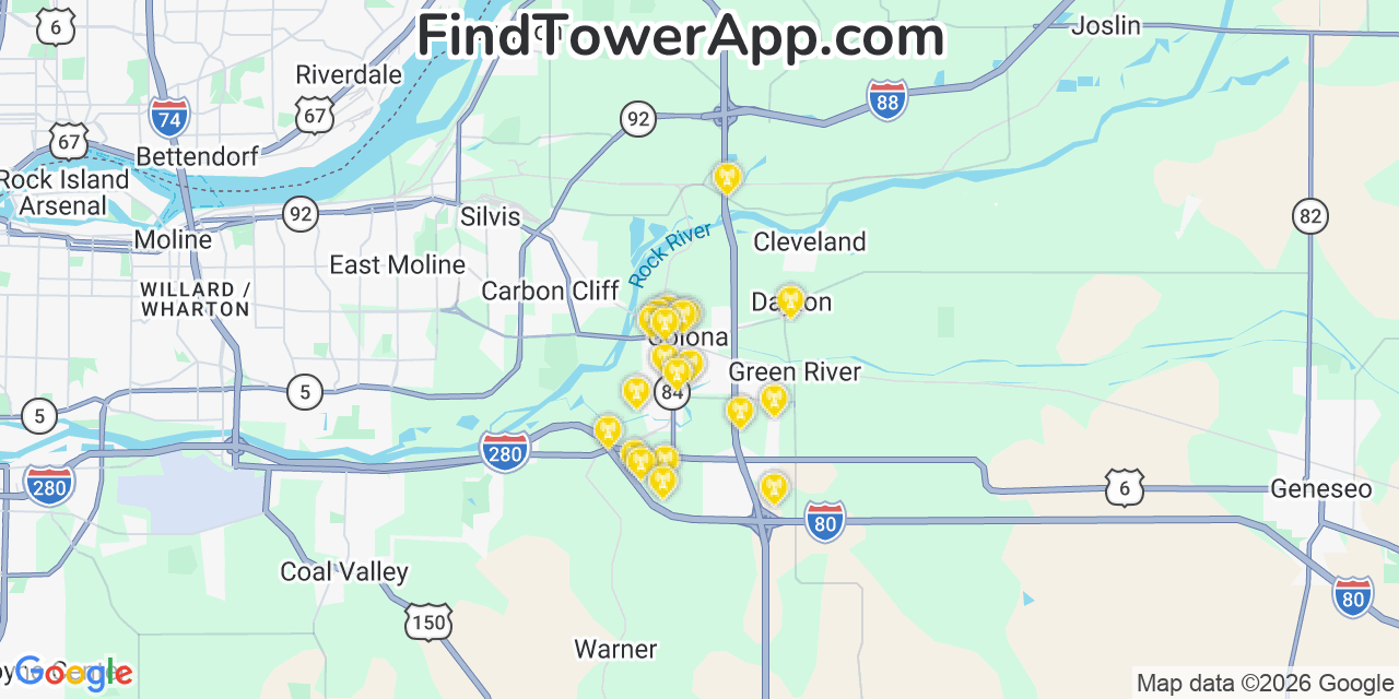 Map showing the 20 primary cell tower locations detected in Colona, Illinois from AT&T, Verizon, and T-Mobile networks