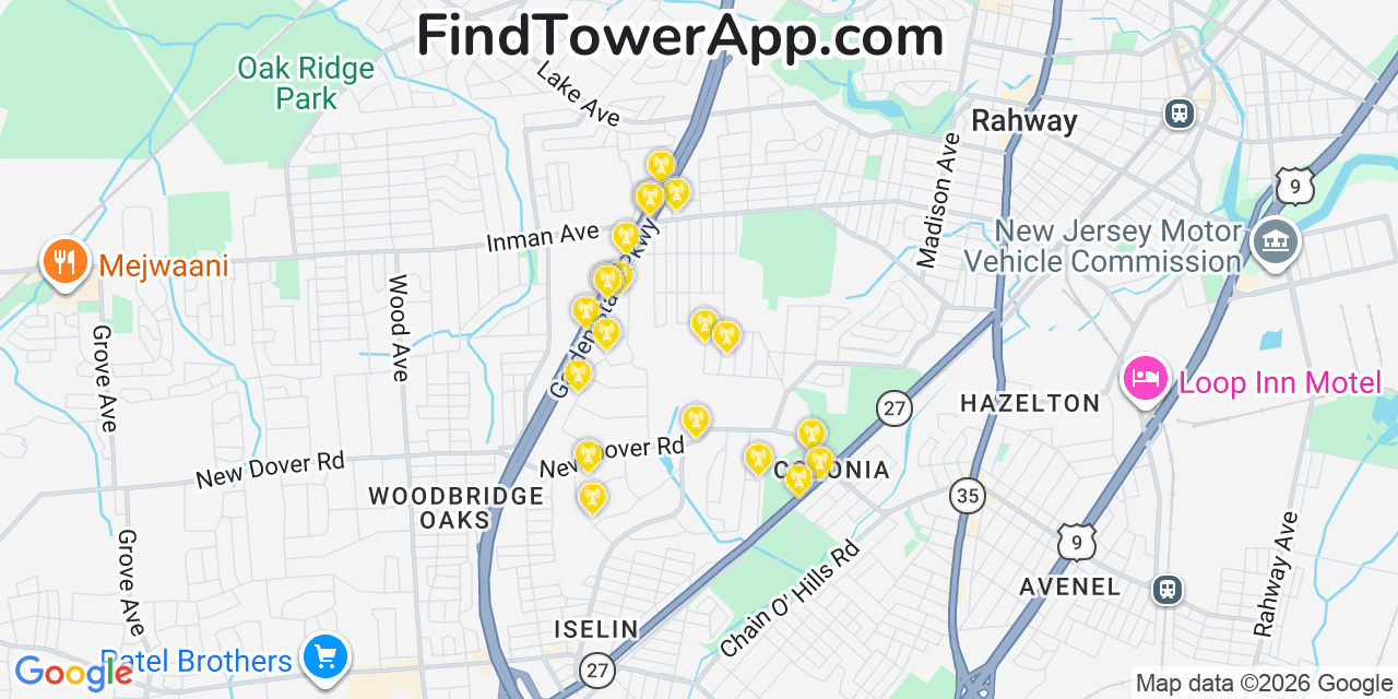 Map showing the 20 primary cell tower locations detected in Colonia, New Jersey from AT&T, Verizon, and T-Mobile networks