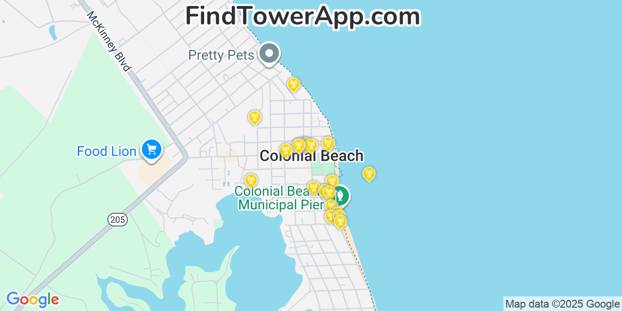 Map showing the 20 primary cell tower locations detected in Colonial Beach, Virginia from AT&T, Verizon, and T-Mobile networks