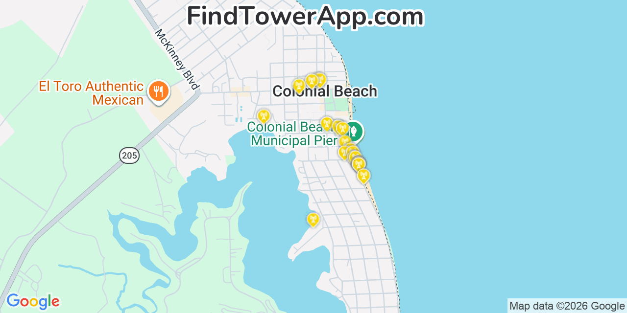 Map showing the 20 primary cell tower locations detected in Colonial Beach, Virginia from AT&T, Verizon, and T-Mobile networks
