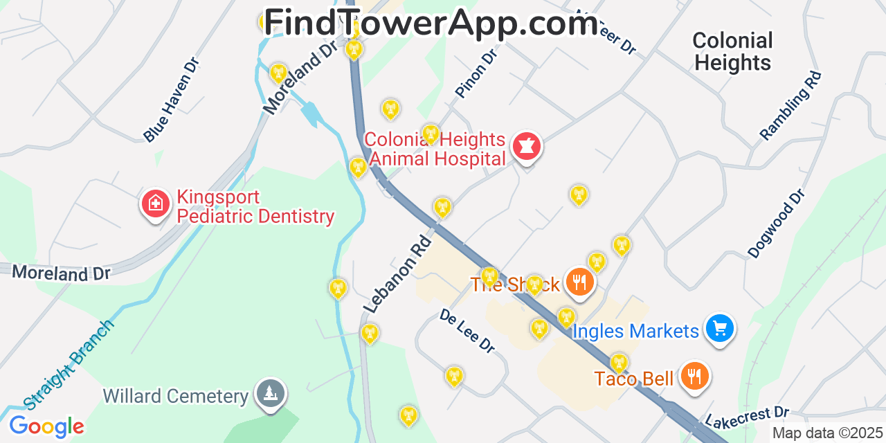 Map showing the 20 primary cell tower locations detected in Colonial Heights, Tennessee from AT&T, Verizon, and T-Mobile networks