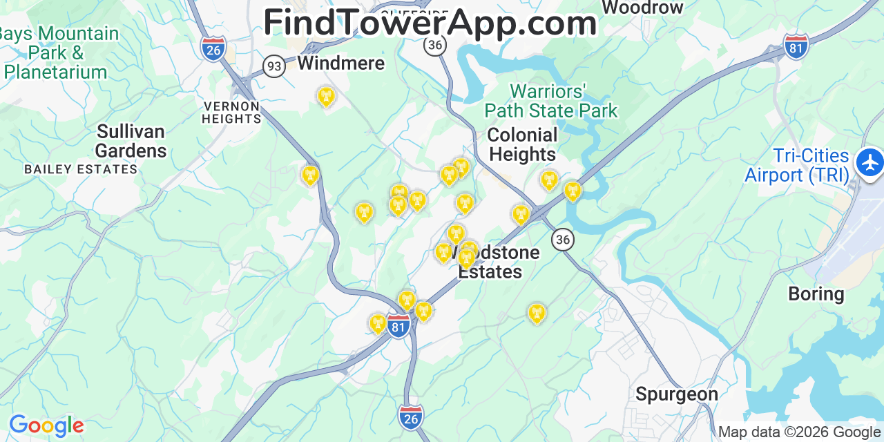 Map showing the 20 primary cell tower locations detected in Colonial Heights, Tennessee from AT&T, Verizon, and T-Mobile networks