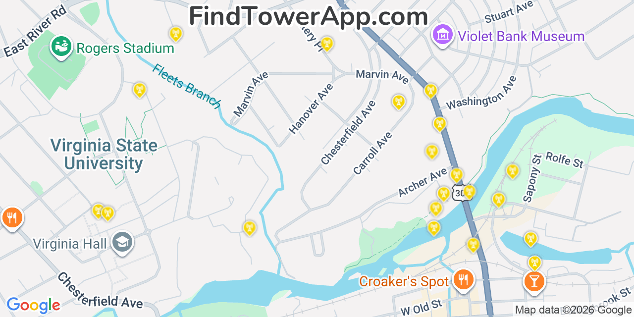 Map showing the 20 primary cell tower locations detected in Colonial Heights, Virginia from AT&T, Verizon, and T-Mobile networks