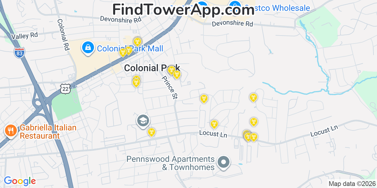 Map showing the 20 primary cell tower locations detected in Colonial Park, Pennsylvania from AT&T, Verizon, and T-Mobile networks